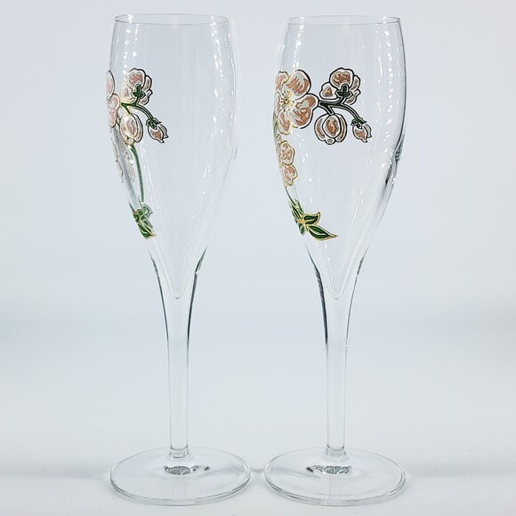 Vtg Perrier Jouet Hand Painted 7.5" Floral Champagne Flutes/Glasses, Pair of 2 - Picture 5 of 6